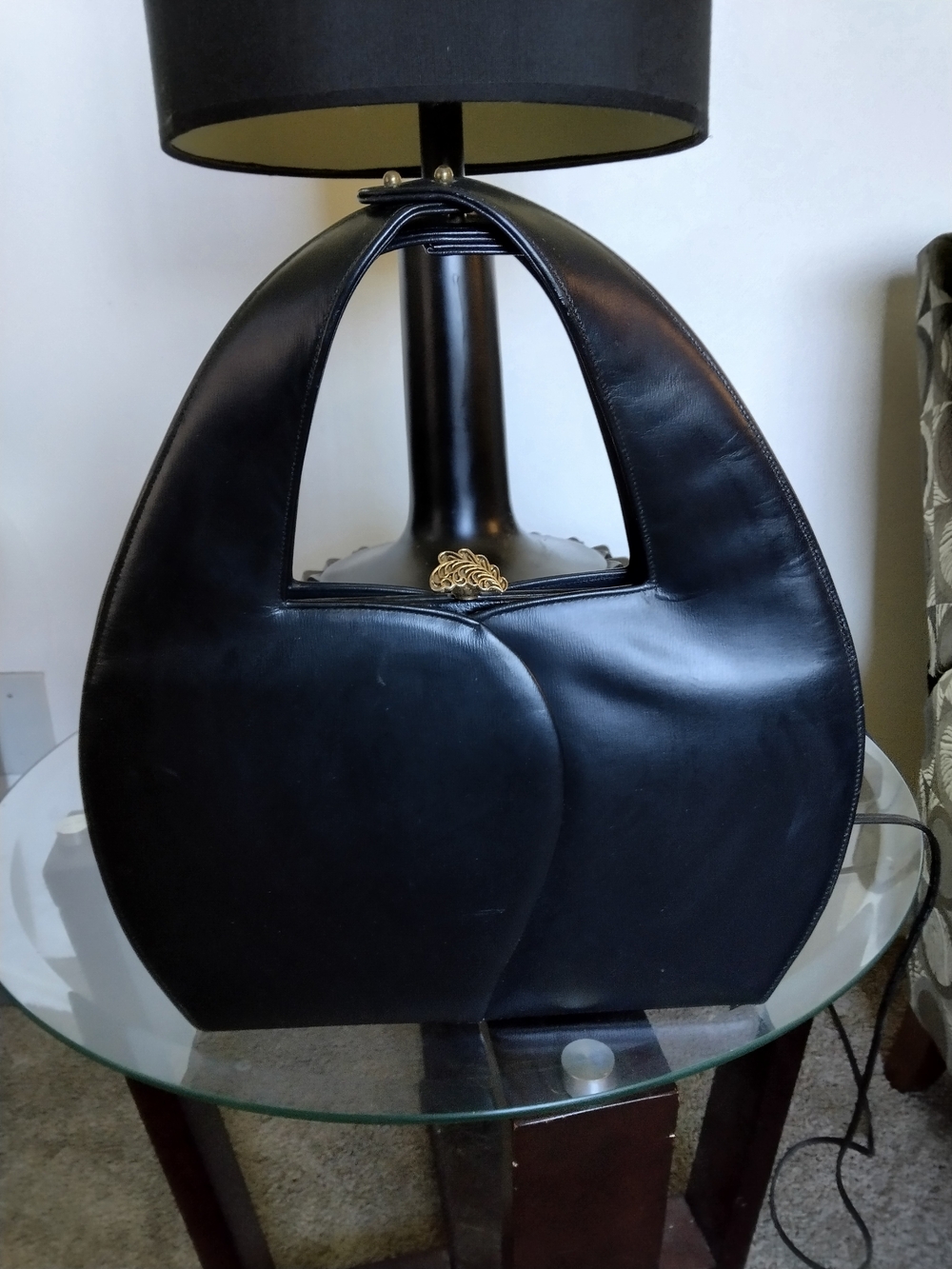 Blue Vintage Round Leather Handbag with Gold Clasp